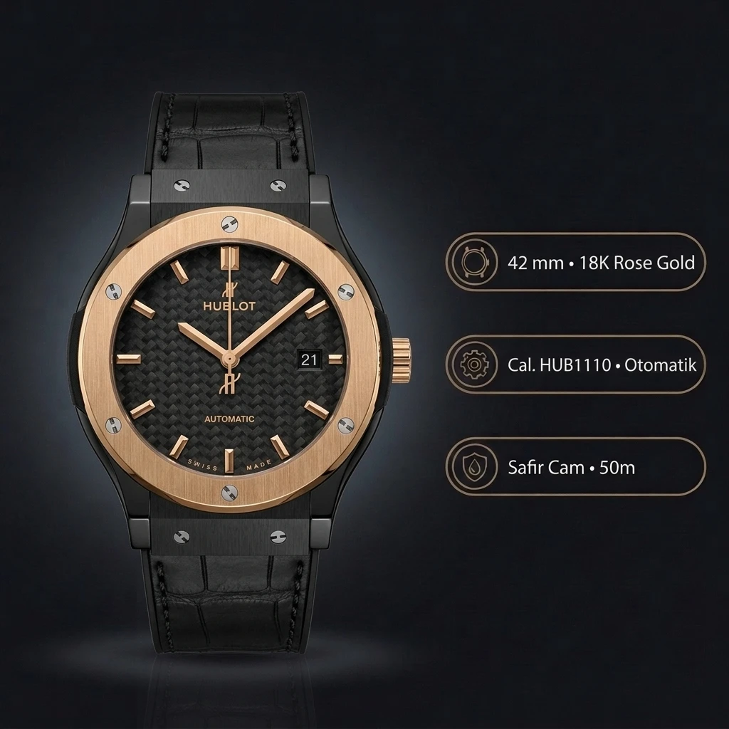 Hublot Classic Fusion Rose Gold Siyah Kadran Deri Super Clone ETA Saat