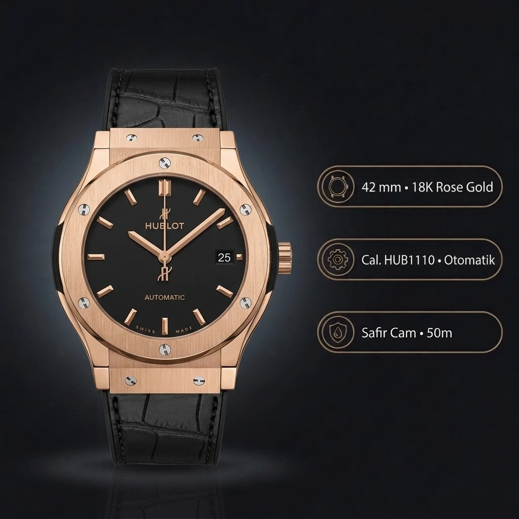 Hublot Classic Fusion Rose Gold Siyah Kadran Deri Super Clone ETA Saat