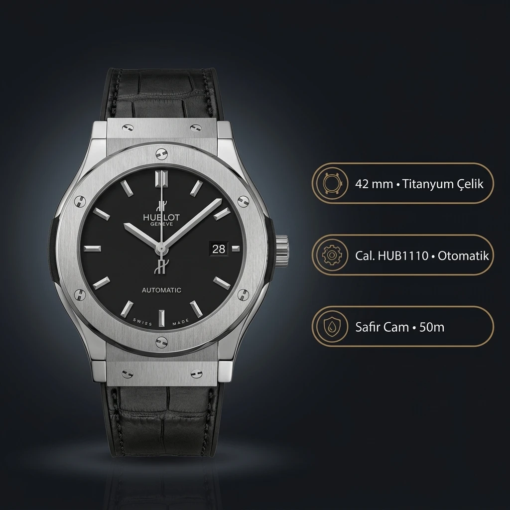 Hublot Classic Fusion Rose Gold Siyah Kadran Deri Klasik Super Clone ETA Saat