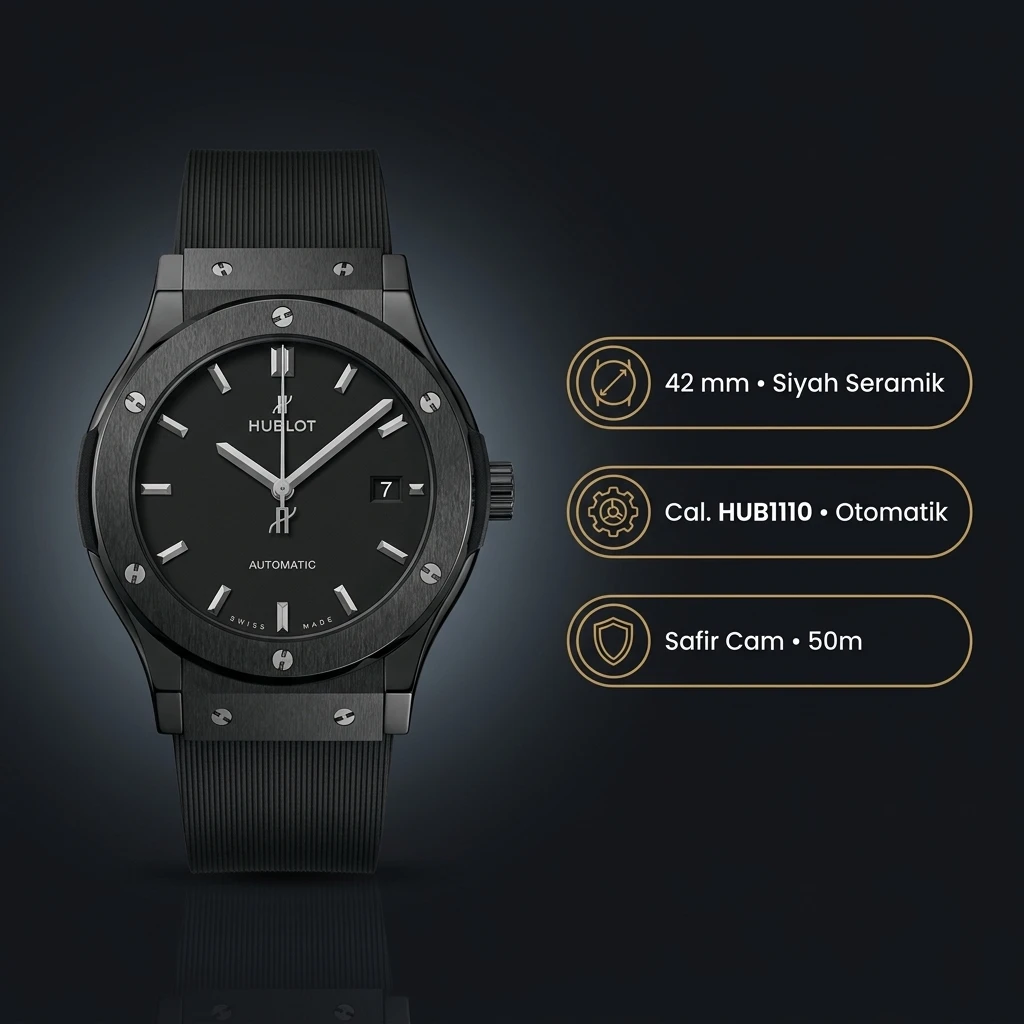 Hublot Classic Fusion Siyah Seramik Kadran Kauçuk Kordon Super Clone ETA Saat