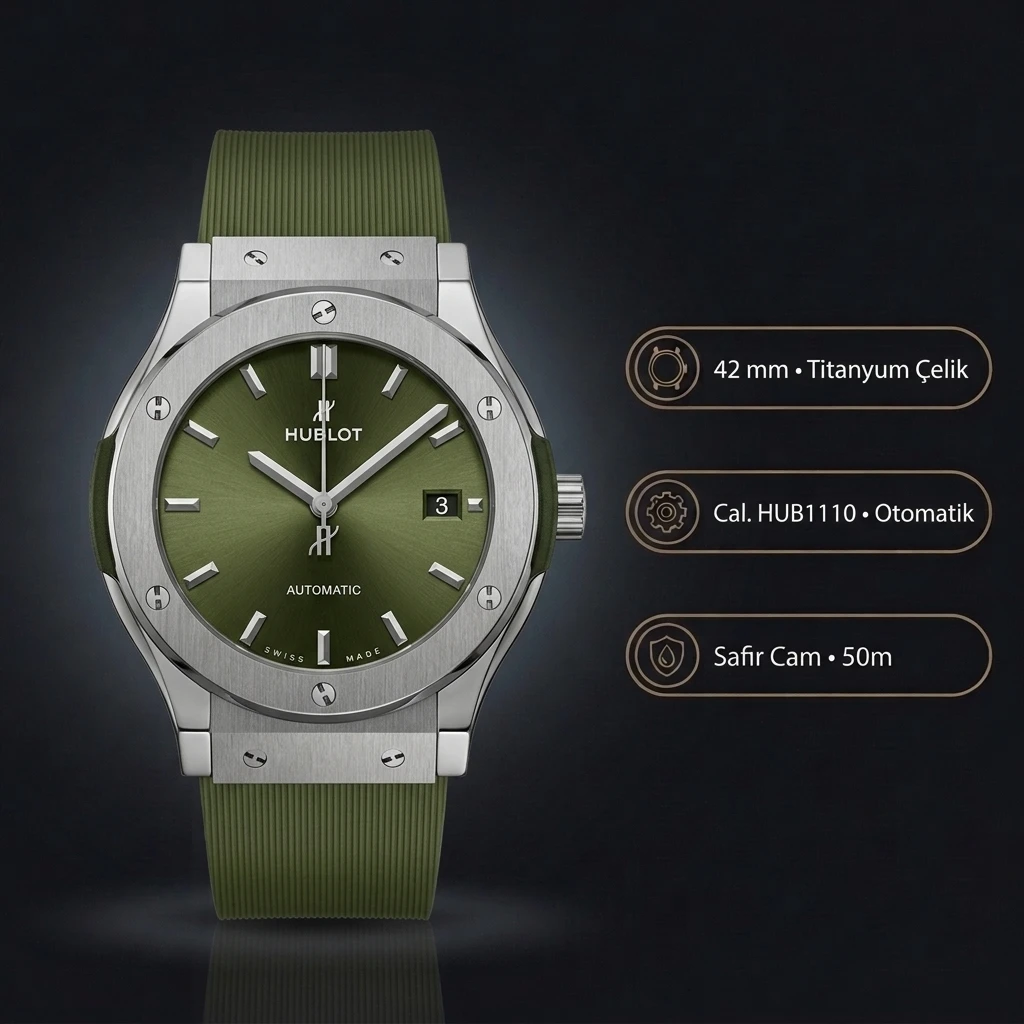 Hublot Classic Fusion Yeşil Kadran Çelik Kauçuk Kordon Super Clone ETA Saat