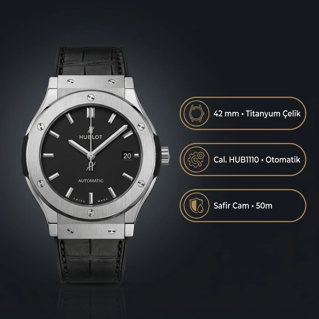 Hublot GMT-Master II Classic Fusion Çelik Kasa Gümüş Kadran Siyah Deri Super Clone ETA Saat