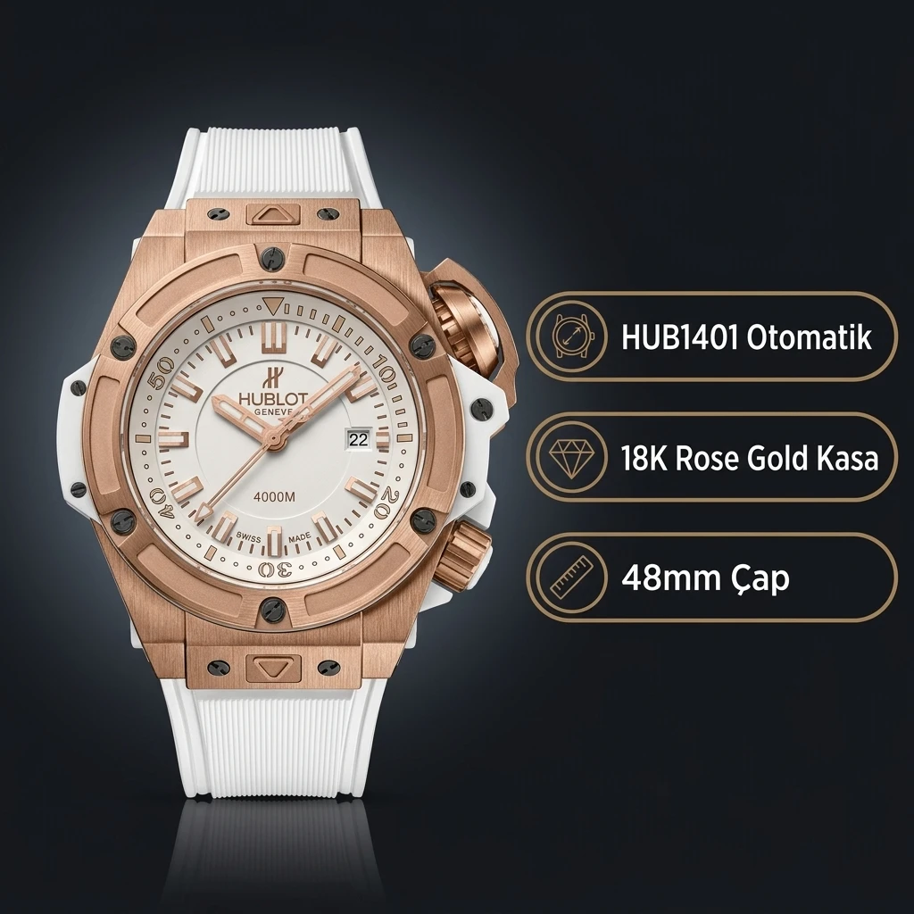 Hublot King Power Oceanographic 4000 Beyaz Kadran Rose Kasa Kauçuk Kordon Super Clone ETA Saat