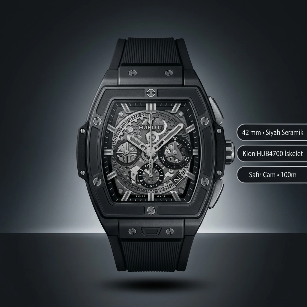 Hublot Spirit of Big Bang Siyah Seramik Skeleton Kauçuk Kordon Super Clone ETA Saat