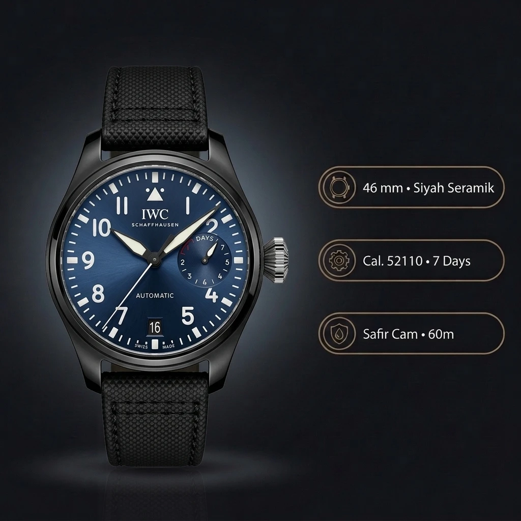 IWC Big Pilot Siyah Seramik Kasa Mavi Kadran Siyah Kordon Super Clone ETA Saat