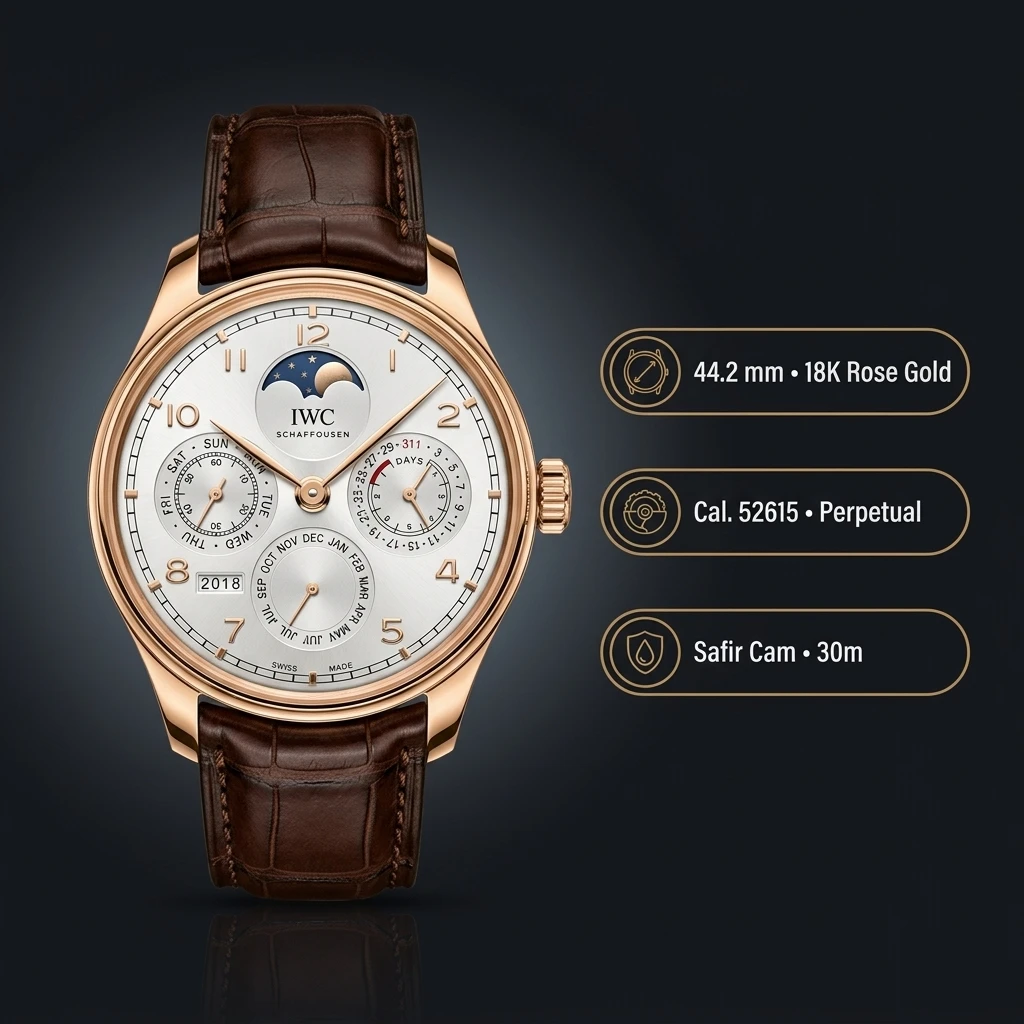 IWC GMT-Master II Portugieser Perpetual Calendar Gümüş Kadran Rose Kasa Kahverengi Deri Super Clone ETA Saat