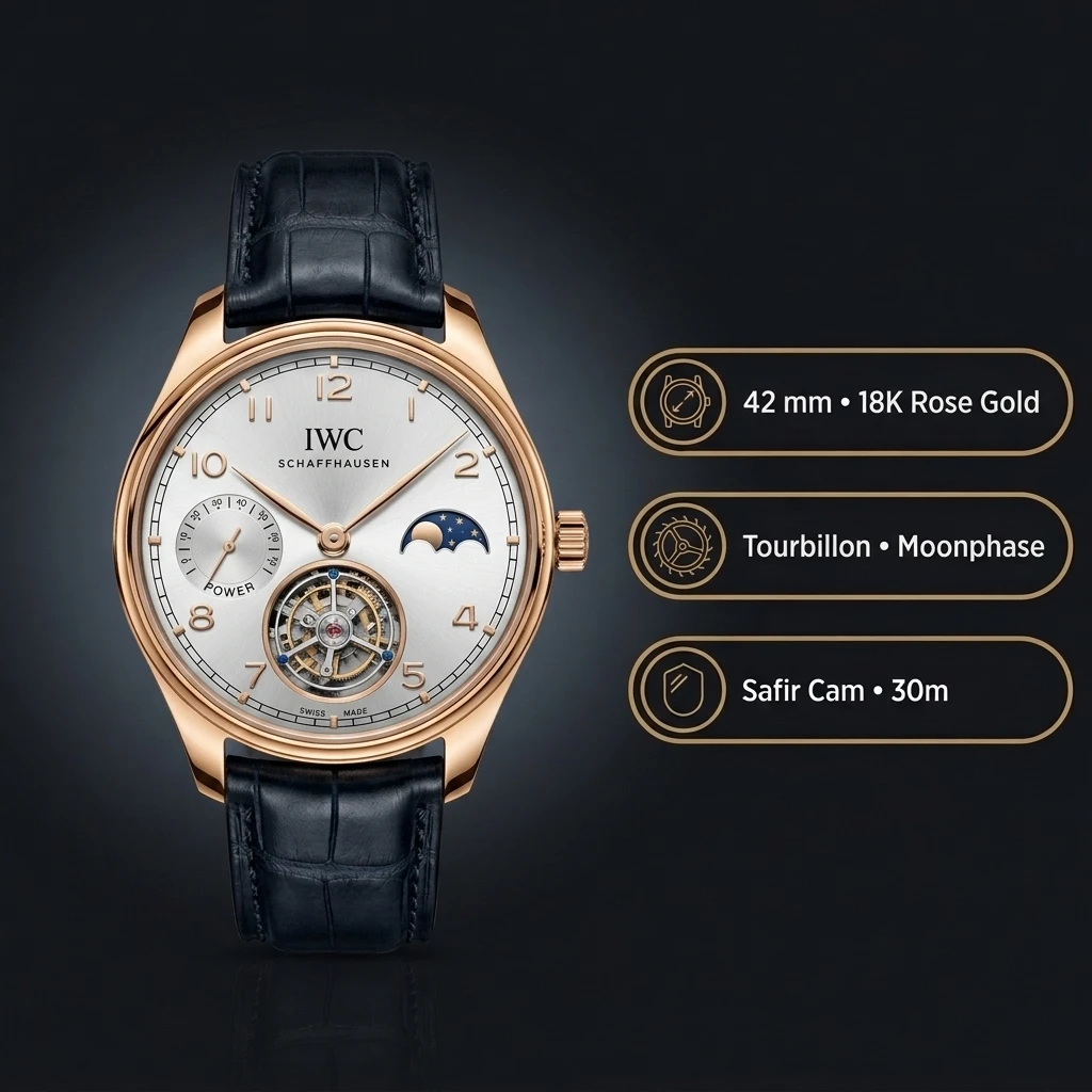 IWC GMT-Master II Portugieser Tourbillon Moonphase Gümüş Kadran Rose Kasa Siyah Deri Kordon Super Clone ETA Saat