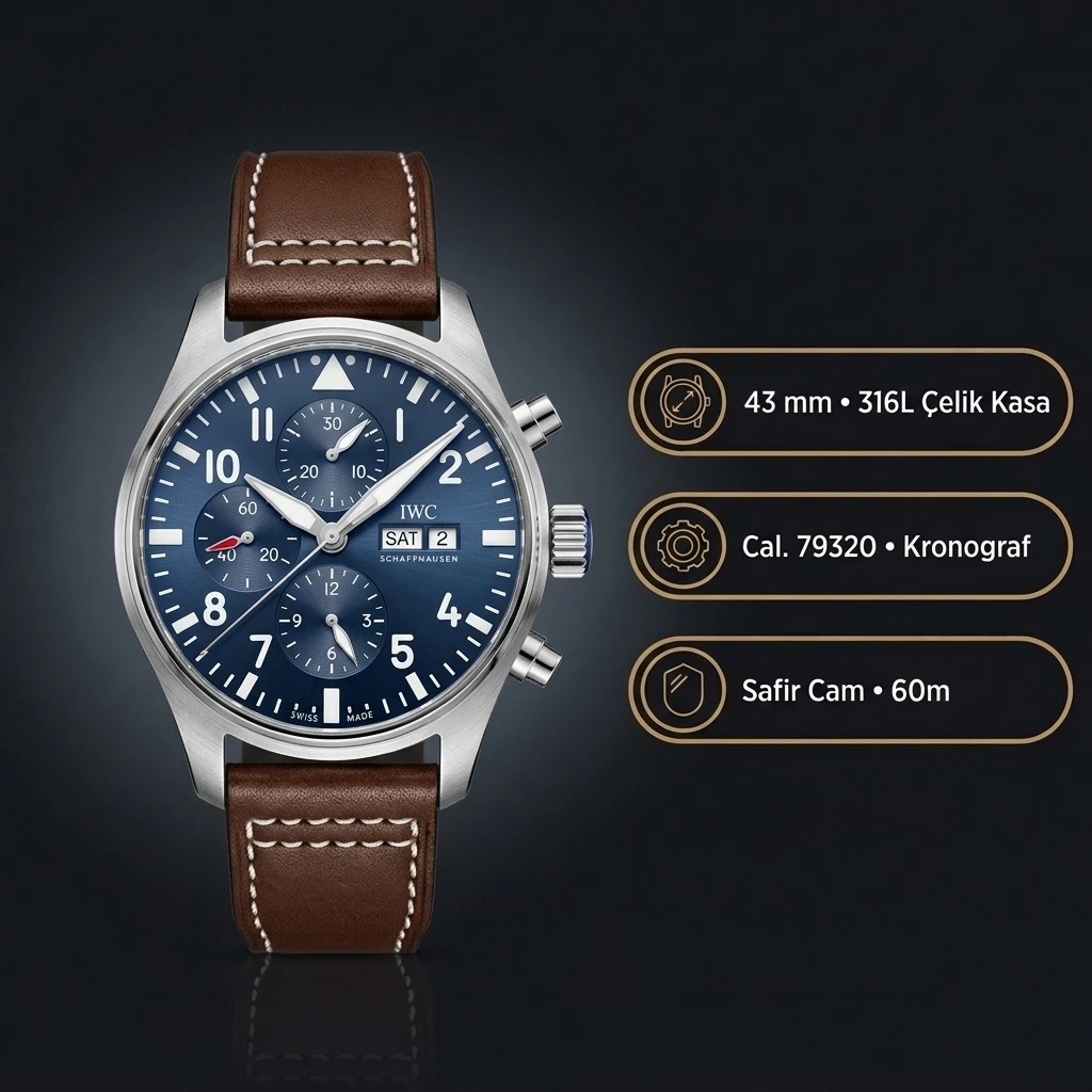 IWC Pilot Chronograph Mavi Kadran Kahverengi Deri Kordon Super Clone ETA Saat