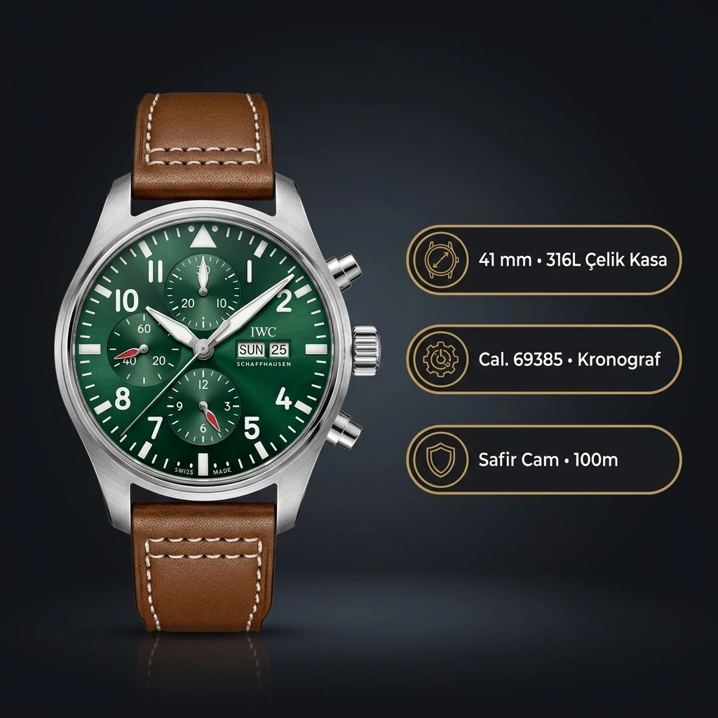 IWC Pilot Chronograph Yeşil Kadran Kahverengi Deri Kordon Super Clone ETA Saat