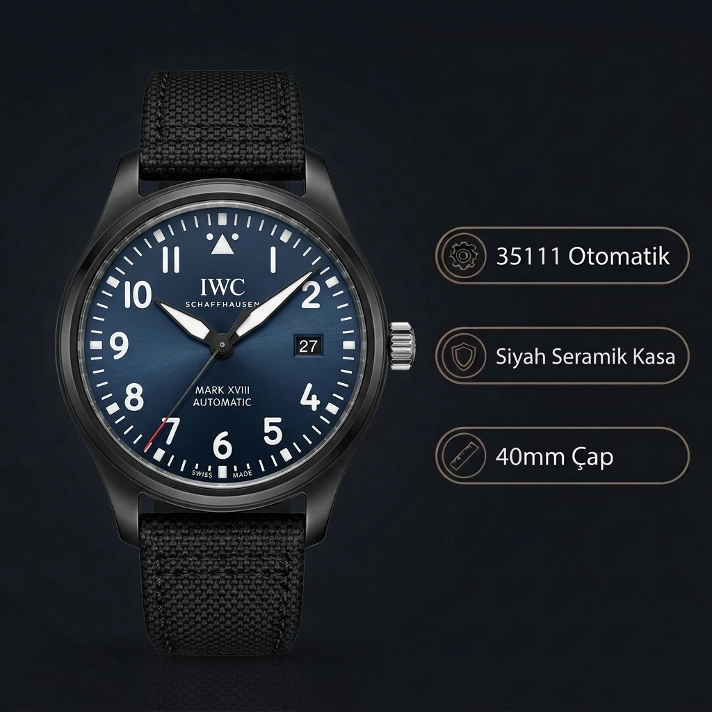 IWC Pilot Mark XVIII Le Petit Prince Mavi Kadran Siyah 40mm Super Clone ETA Saat
