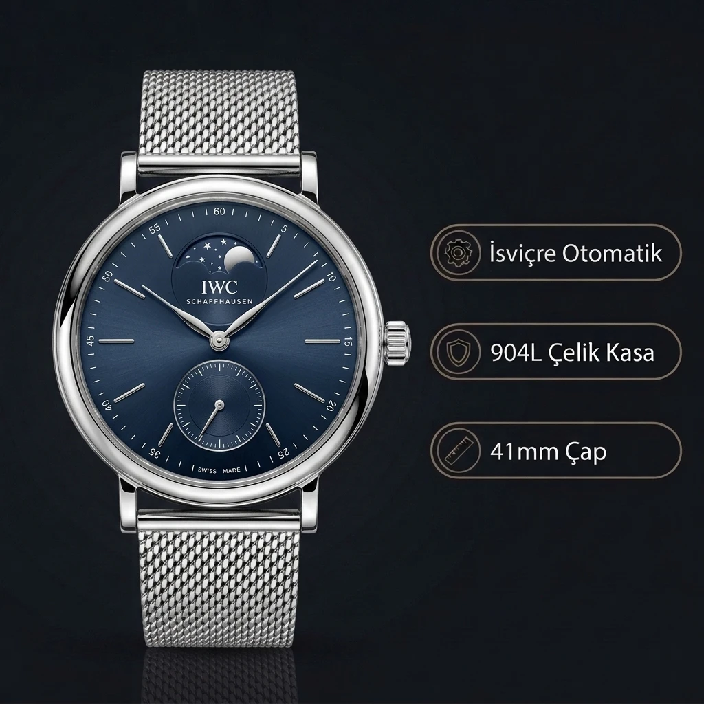 IWC Portofino Moonphase Mavi Kadran Çelik Super Clone ETA Saat