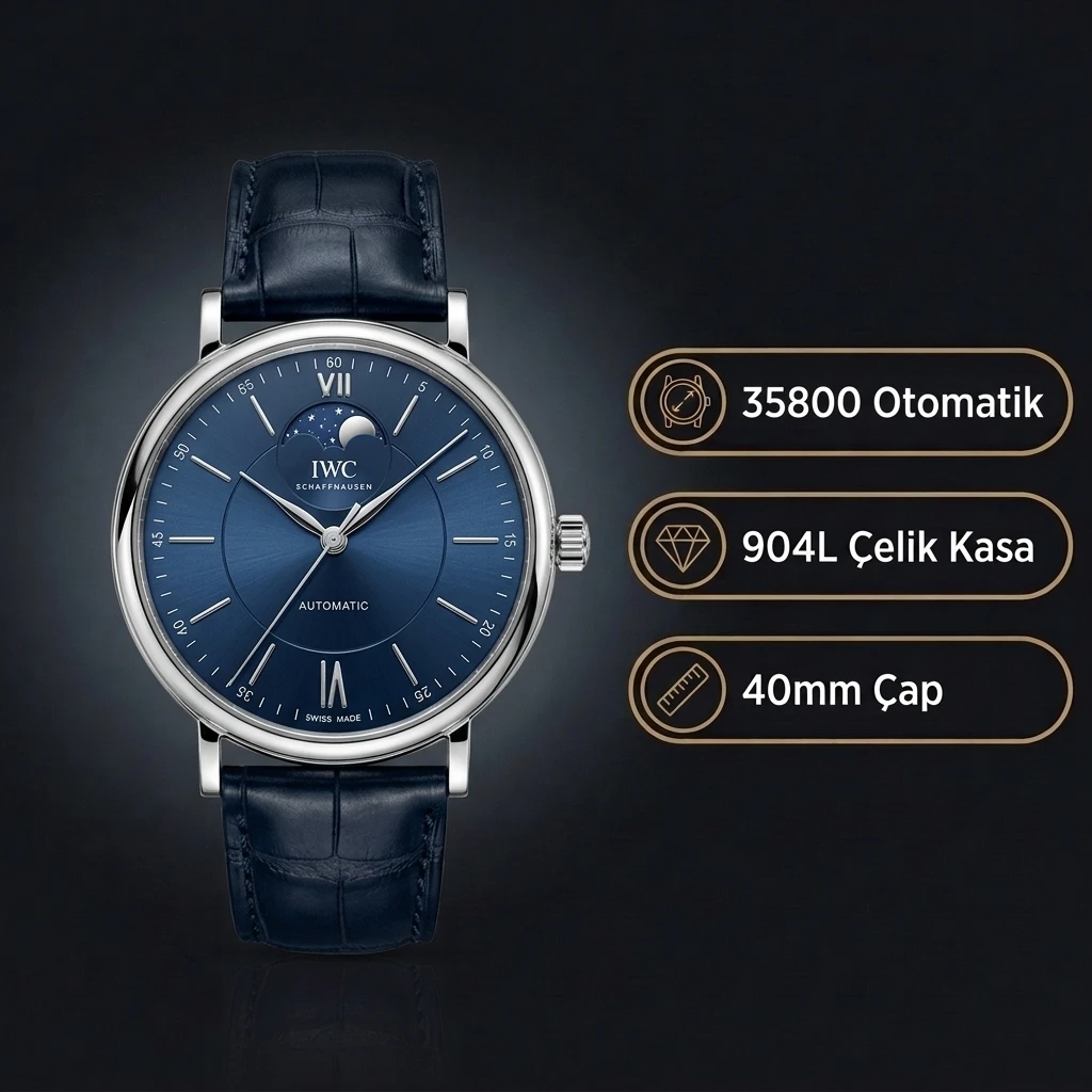 IWC Portofino Moonphase Mavi Kadran Çelik Kasa Mavi Deri Kordon Super Clone ETA Saat