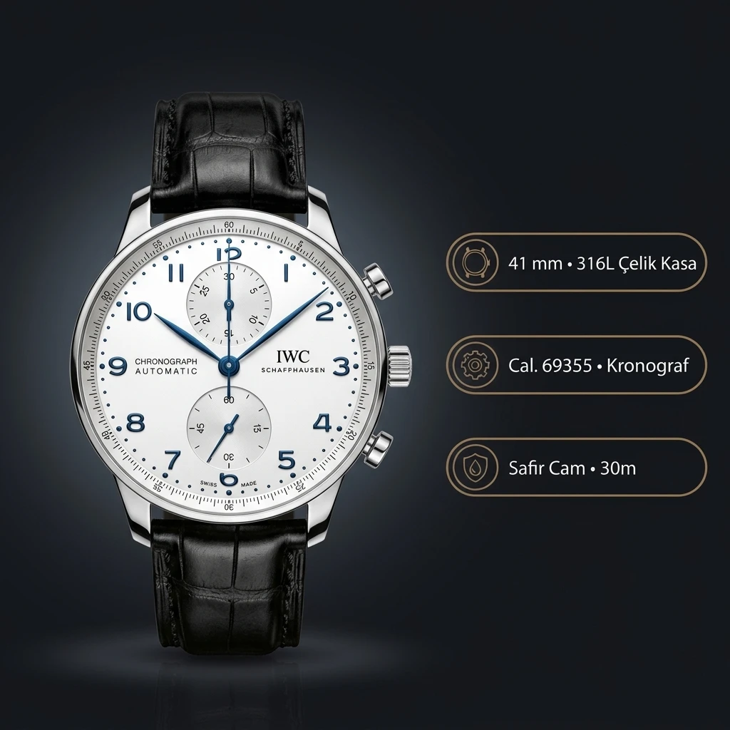 IWC Portugieser Chronograph Beyaz Kadran Çelik Kasa Siyah Deri Kordon Super Clone ETA Saat