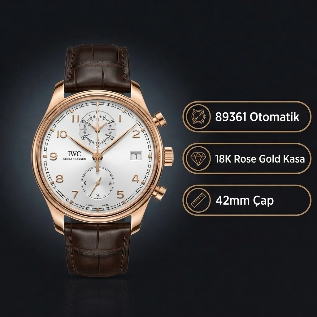 IWC Portugieser Chronograph Rose Kasa Beyaz Kadran Kahverengi Deri Kordon Super Clone ETA Saat