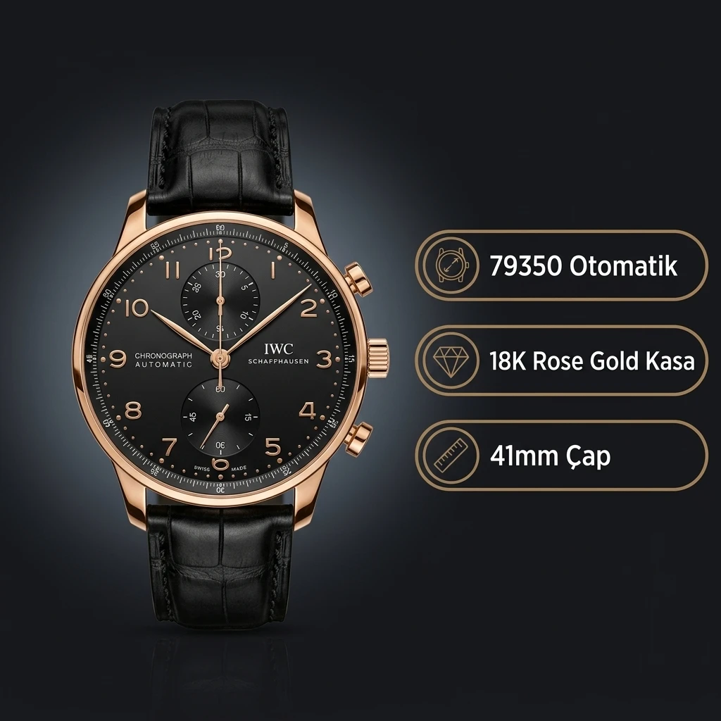 IWC Portugieser Chronograph Siyah Kadran Rose Kasa Siyah Deri Kordon Super Clone ETA Saat