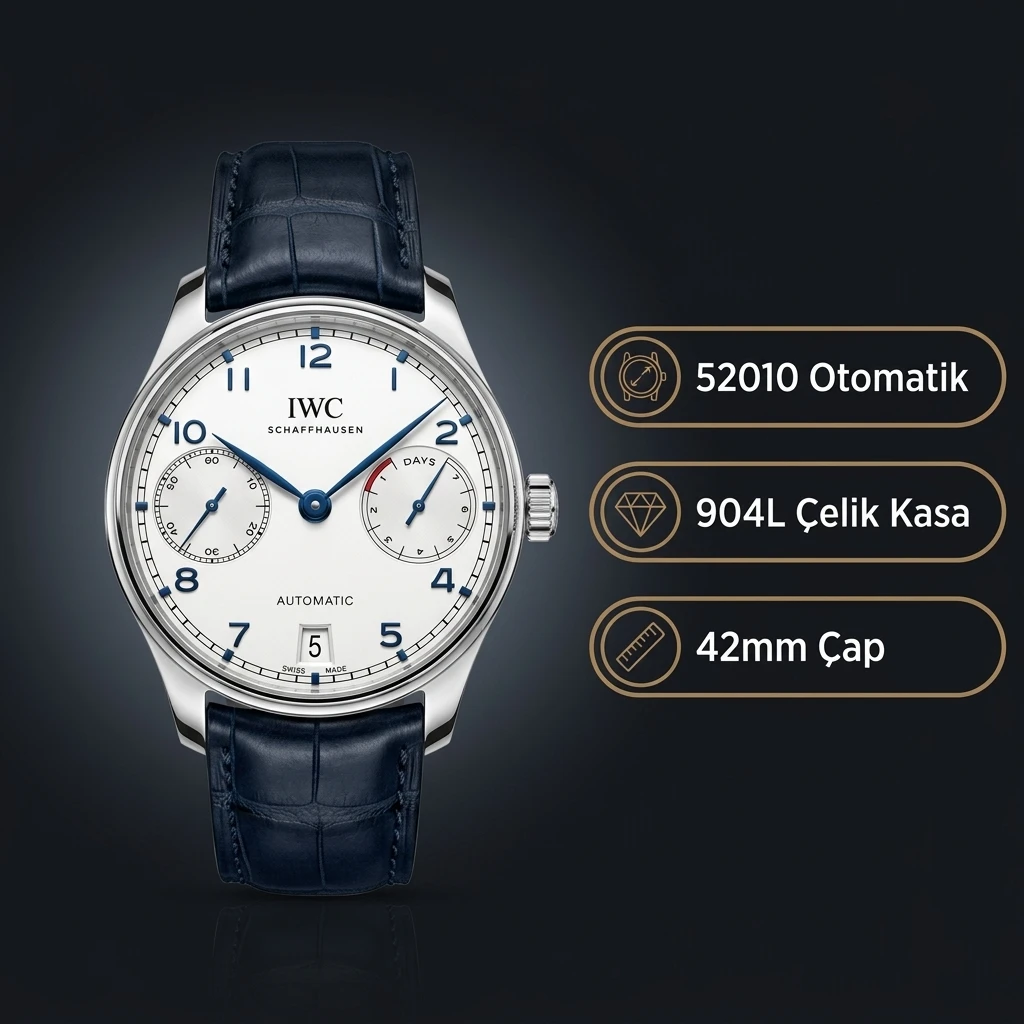 IWC Portugieser Otomatik 7 Gun Beyaz Kadran Mavi Deri Kordon Super Clone ETA Saat