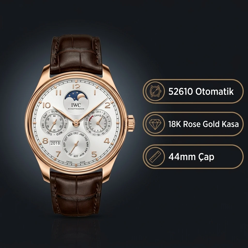 IWC Portugieser Perpetual Calendar Beyaz Kadran Rose Kasa Kahverengi Deri Super Clone ETA Saat