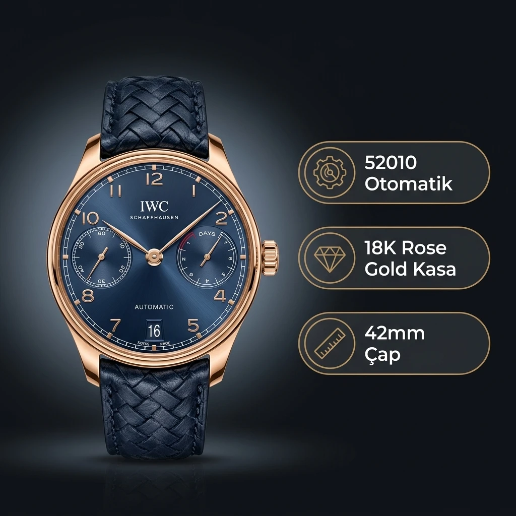 IWC Portugieser Rose Kasa Mavi Kadran Mavi Deri Super Clone ETA Saat