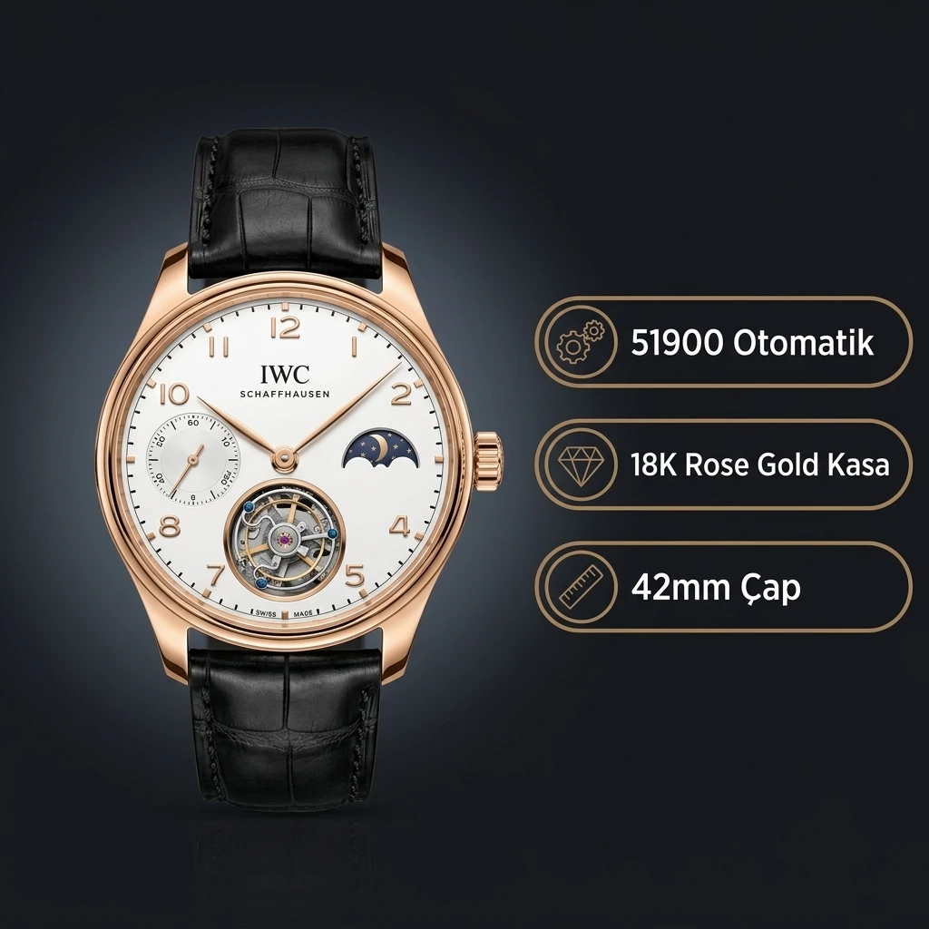 IWC Portugieser Tourbillon Moonphase Beyaz Kadran Rose Kasa Siyah Deri Kordon Super Clone ETA Saat