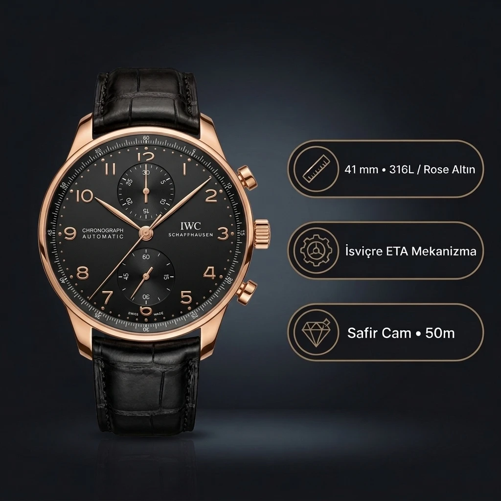 IWC Portuguese Chronograph Rose Black Dial Super Clone ETA Saat