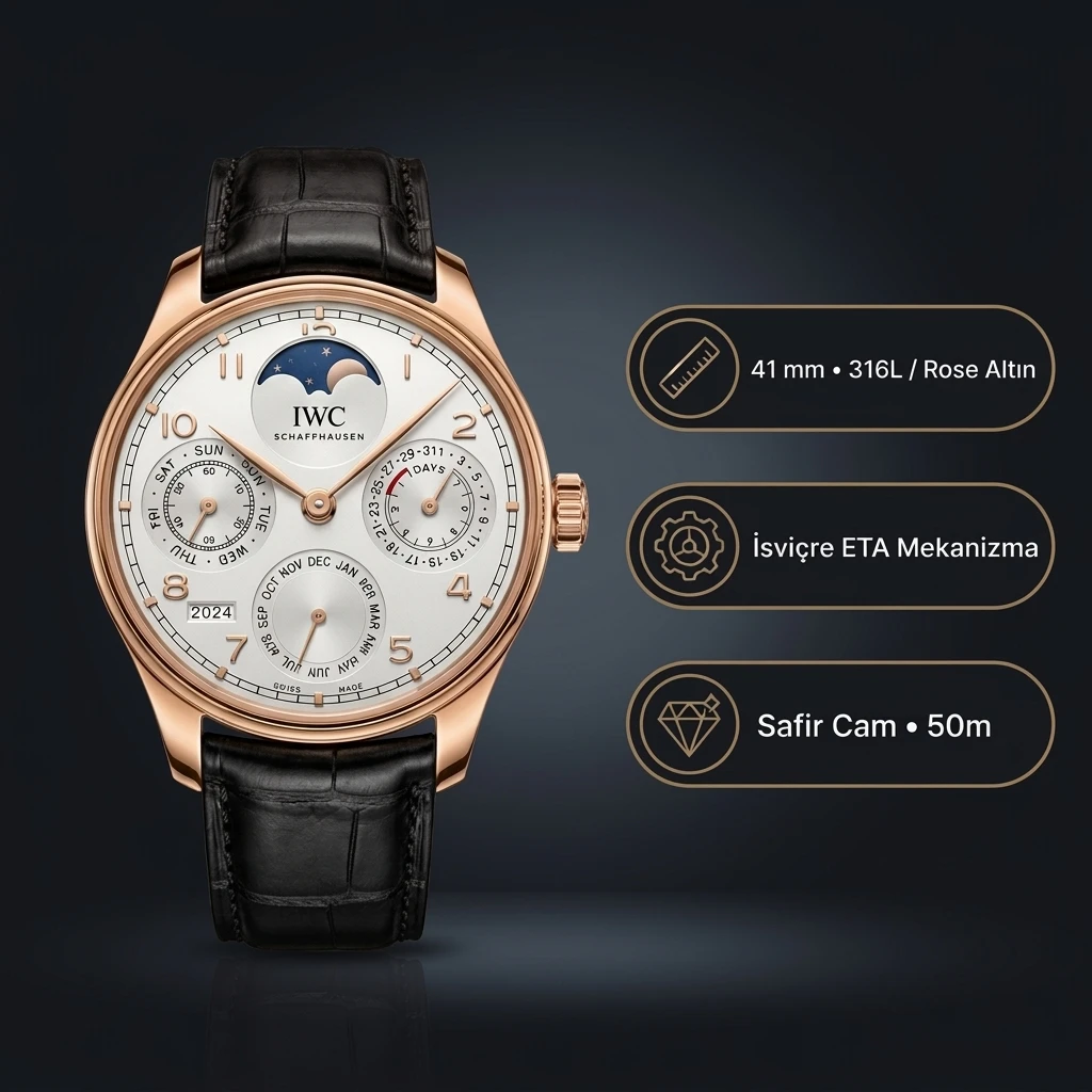 IWC Portuguese IW503302 Rose Çelik Perpetual Calendar Super Clone ETA Saat