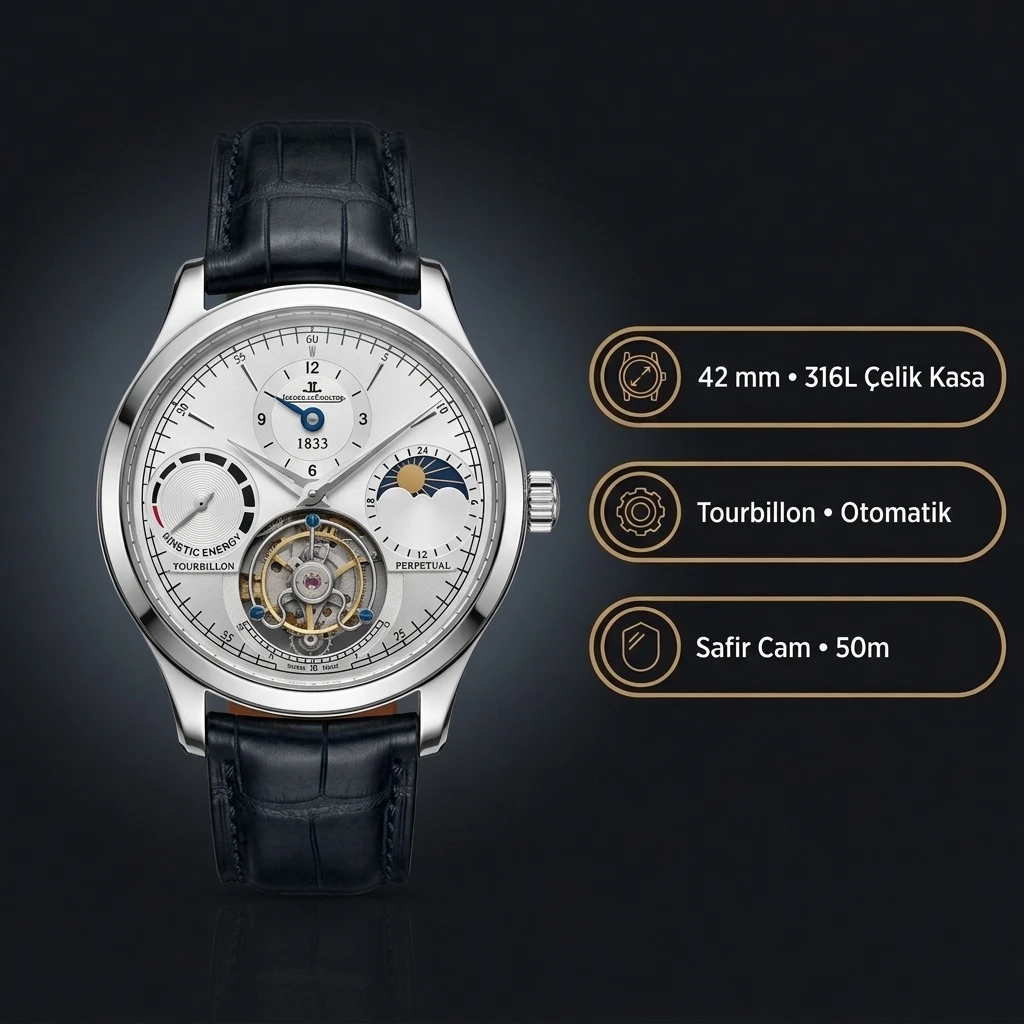 Jaeger-LeCoultre GMT-Master II Master Tourbillon Gümüş Kadran Çelik Siyah Deri Kordon Super Clone ETA Saat
