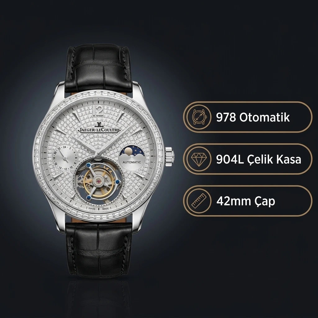 Jaeger-LeCoultre Master Grande Tradition Tourbillon Iskelet Kadran Çelik Kasa Elmas Bezel Siyah Deri Kordon Super Clone ETA Saat