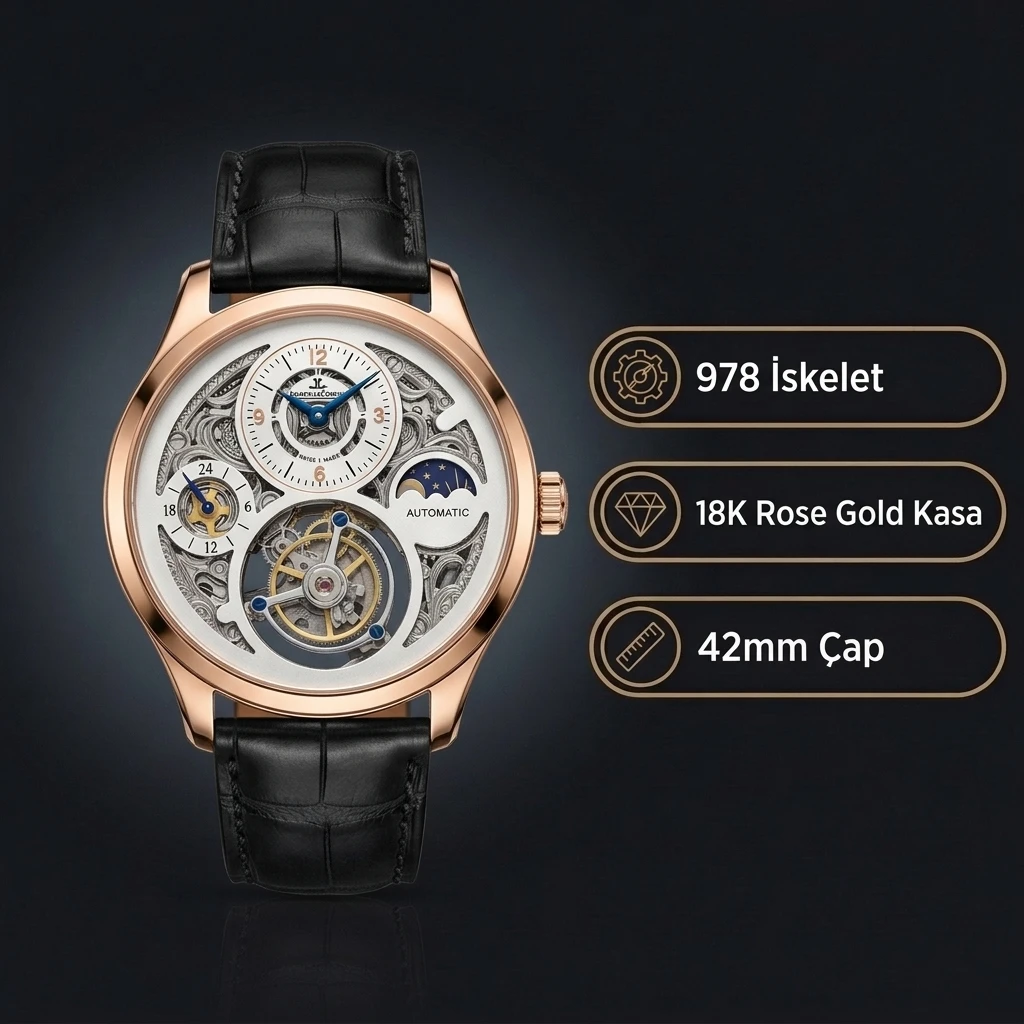 Jaeger-LeCoultre Master Grande Tradition Tourbillon Iskelet Kadran Rose Kasa Siyah Deri Kordon Super Clone ETA Saat