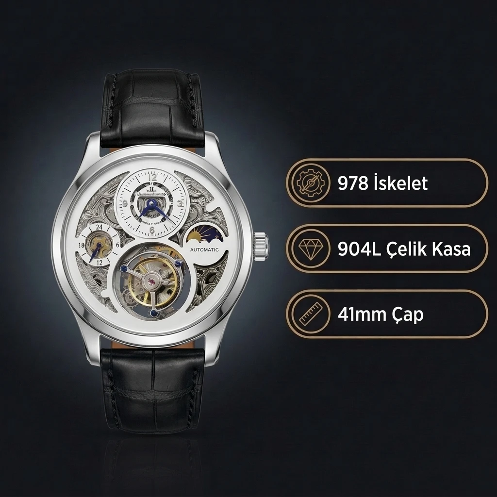 Jaeger-LeCoultre Master Tourbillon Moonphase Iskelet Siyah Deri Kordon Super Clone ETA Saat