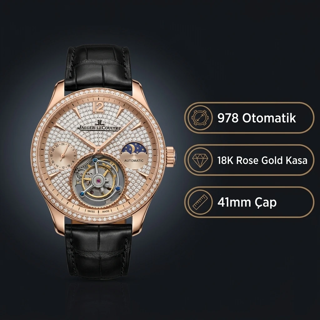 Jaeger-LeCoultre Master Tourbillon Moonphase Tas Kadran Rose Kasa Elmas Bezel Siyah Deri Kordon Super Clone ETA Saat