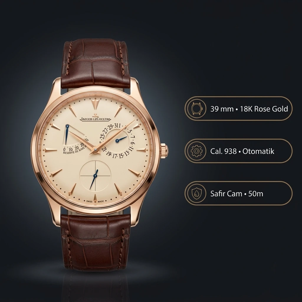 Jaeger-LeCoultre Master Ultra Thin Reserve de Marche Rose Kasa Şampanya Kadran Kahverengi Deri Kordon Super Clone ETA Saat