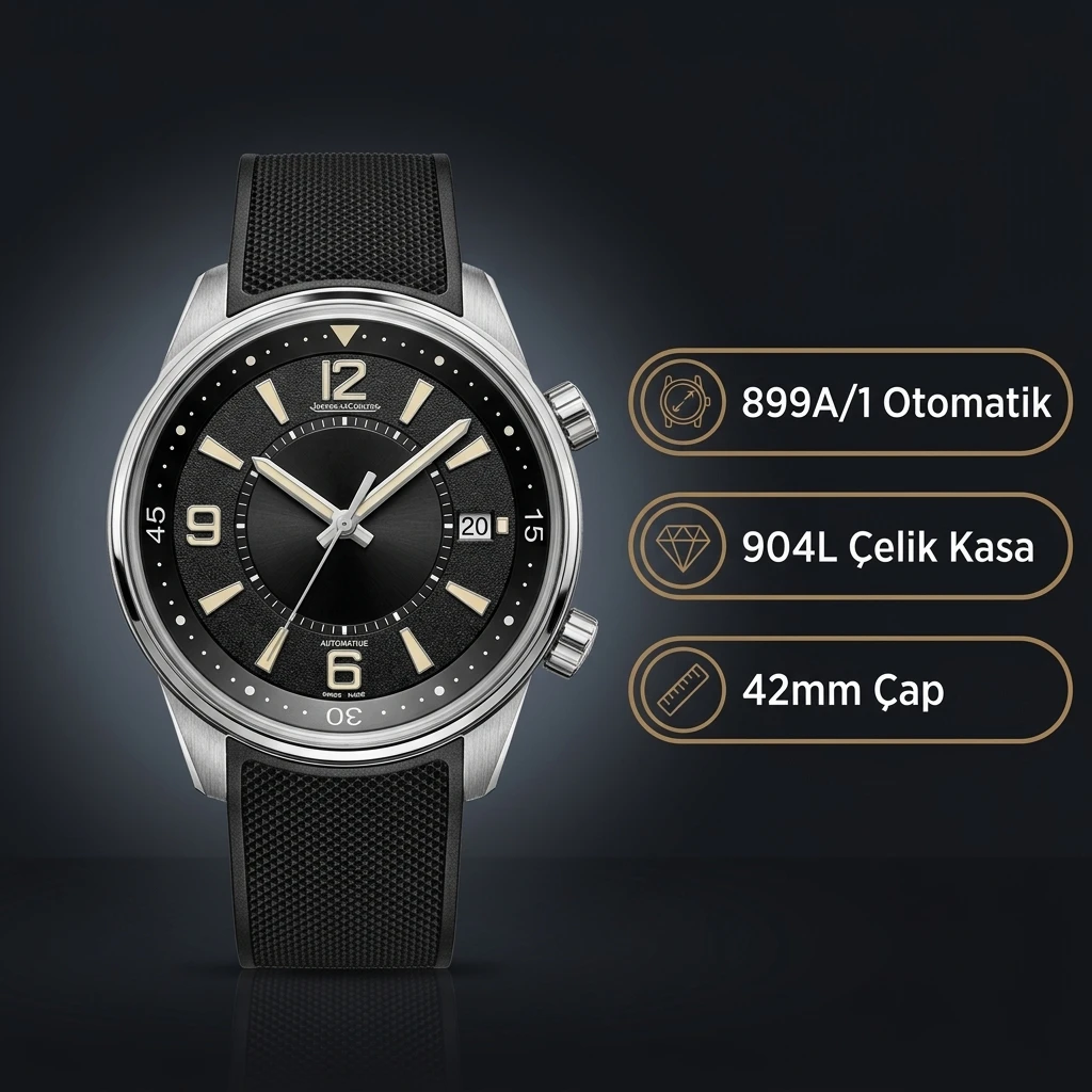 Jaeger-LeCoultre Polaris Siyah Kadran Çelik Kasa Kauçuk Kordon Super Clone ETA Saat