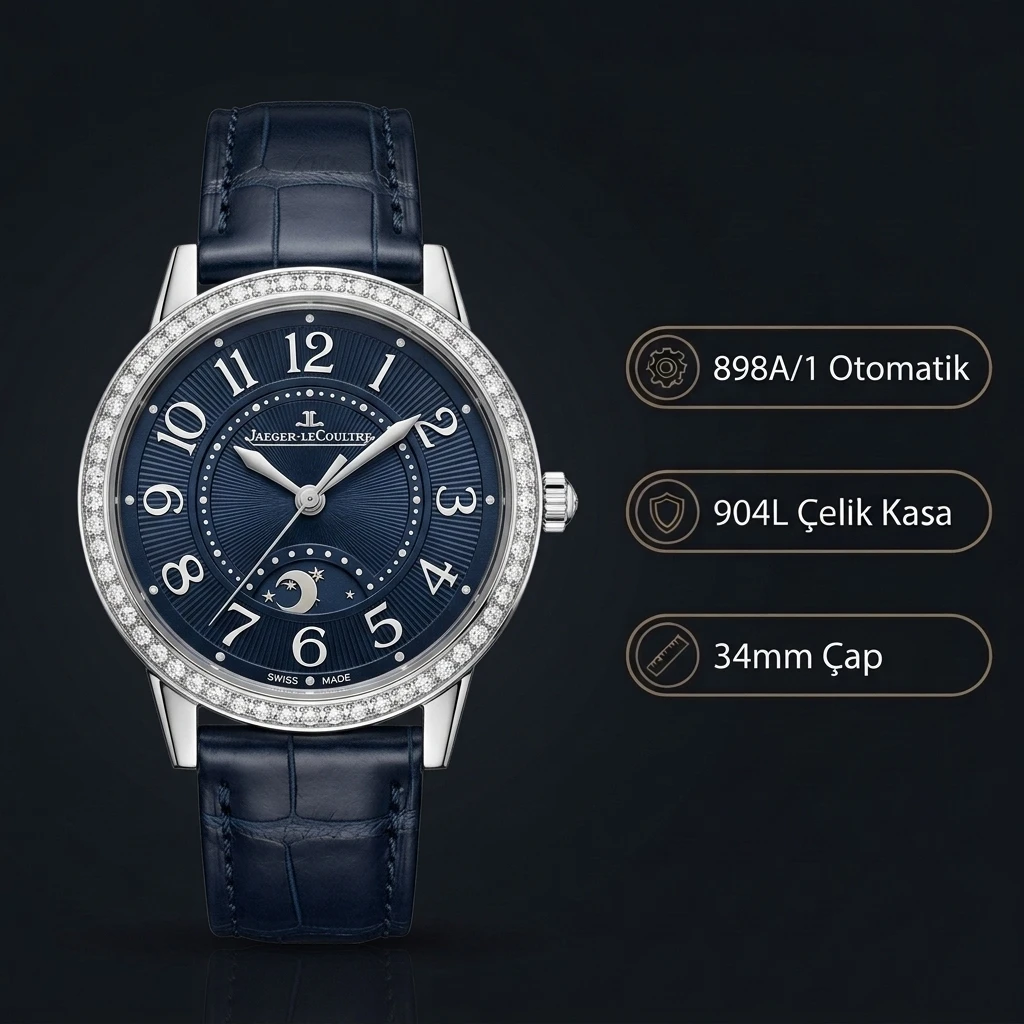 Jaeger-LeCoultre Rendez-Vous Mavi Kadran Taşlı Bezel Çelik Deri Kordon 34mm Super Clone ETA Saat