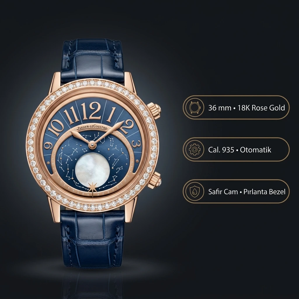 Jaeger-LeCoultre Rendez-Vous Moon Mavi Kadran Baget Bezel Rose Kasa Mavi Deri Kordon Super Clone ETA Saat