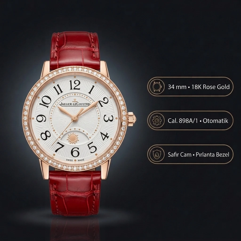Jaeger-LeCoultre Rendez-Vous Night Day Rose Altın Kasa Baget Bezel Gümüş Kadran Kırmızı Deri Kordon Super Clone ETA Saat