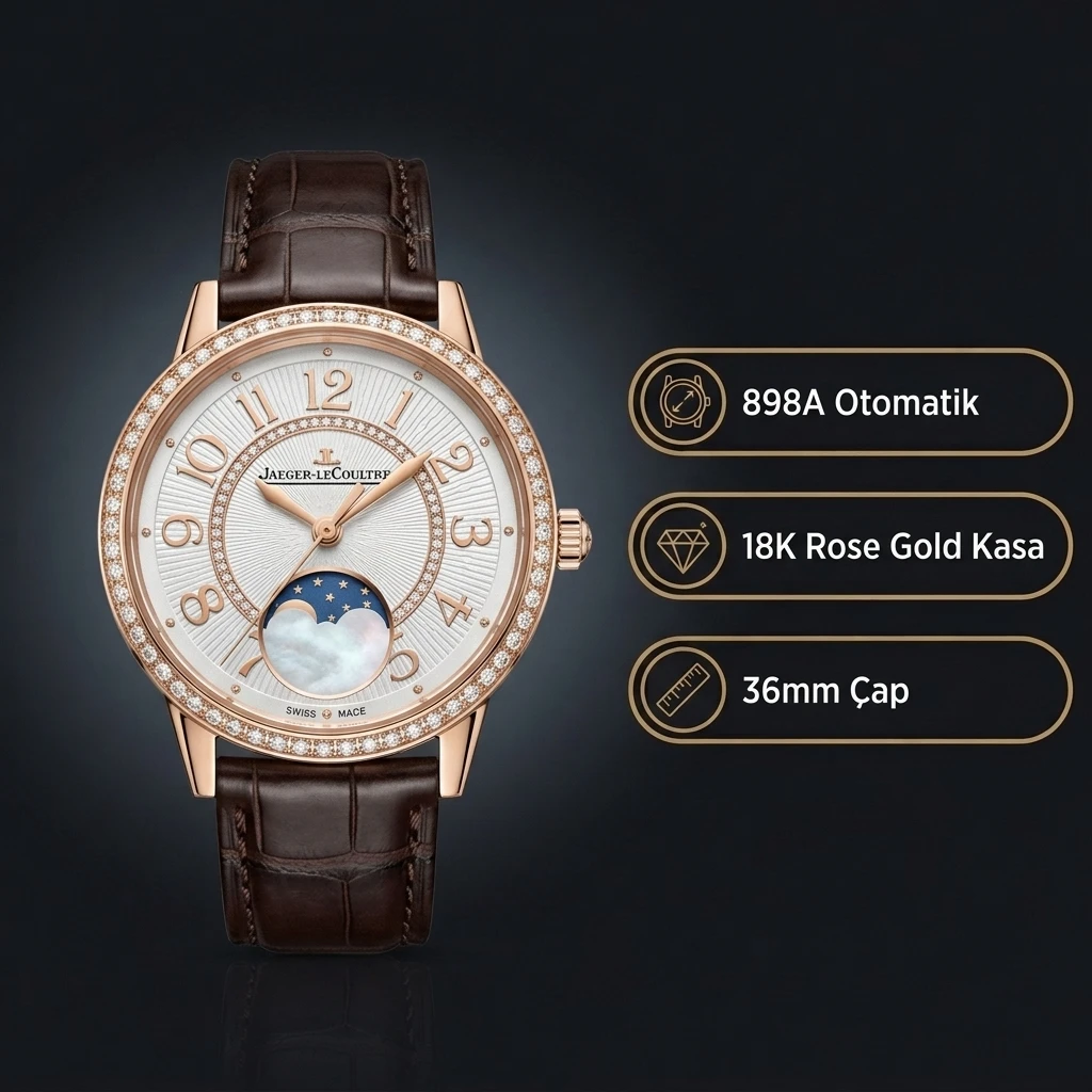 Jaeger-LeCoultre Rendez-Vous Rose Kasa Baget Bezel Beyaz Kadran Kahverengi Deri Kordon Super Clone ETA Saat