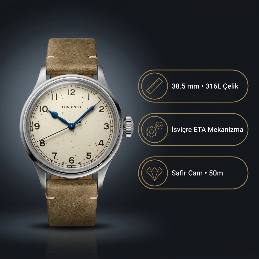 Longines Heritage Military 38.5mm Krem Kadran Yeşil Deri Super Clone ETA Saat