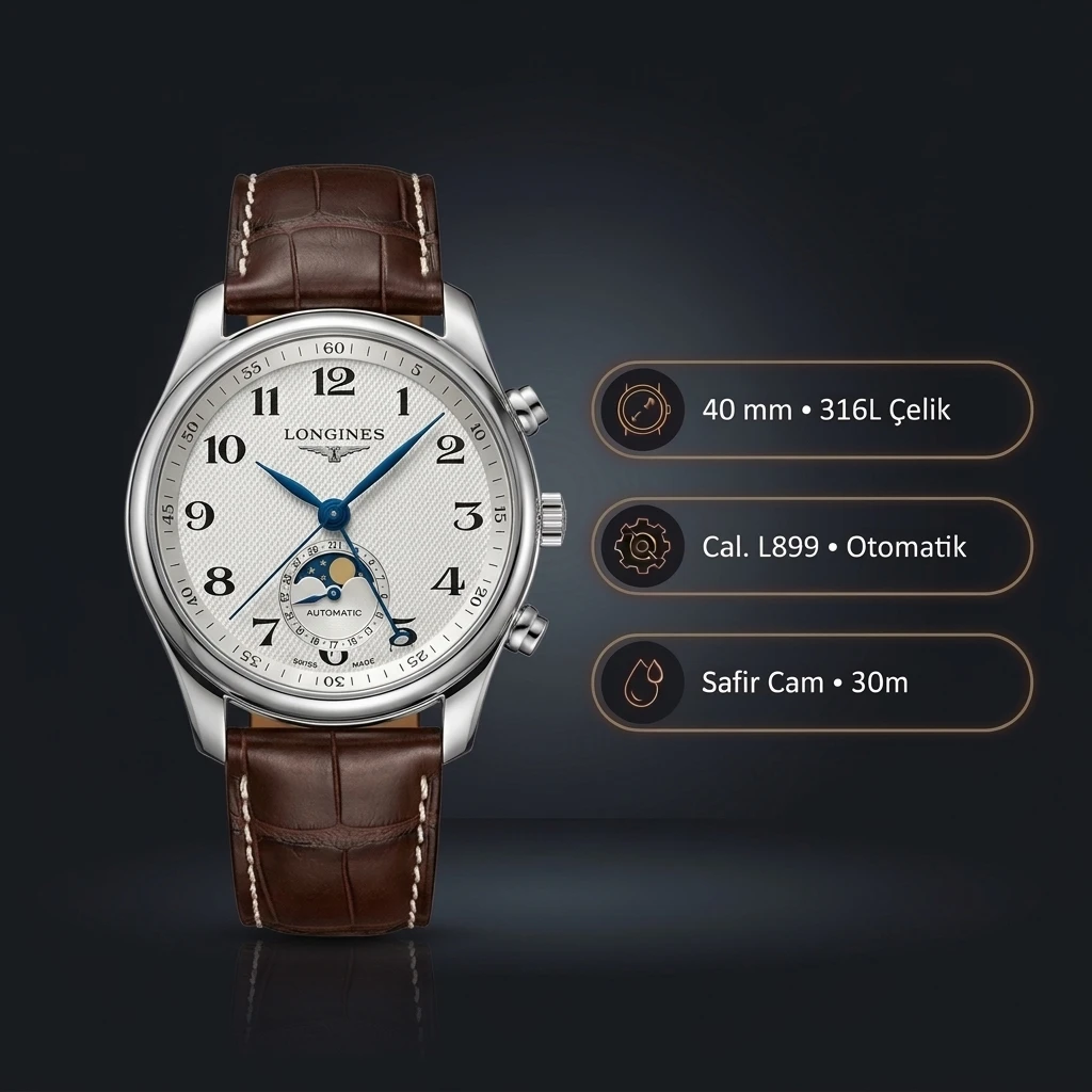 Longines Master Collection Beyaz Arabik Güç Göstergeli Deri Super Clone ETA Saat