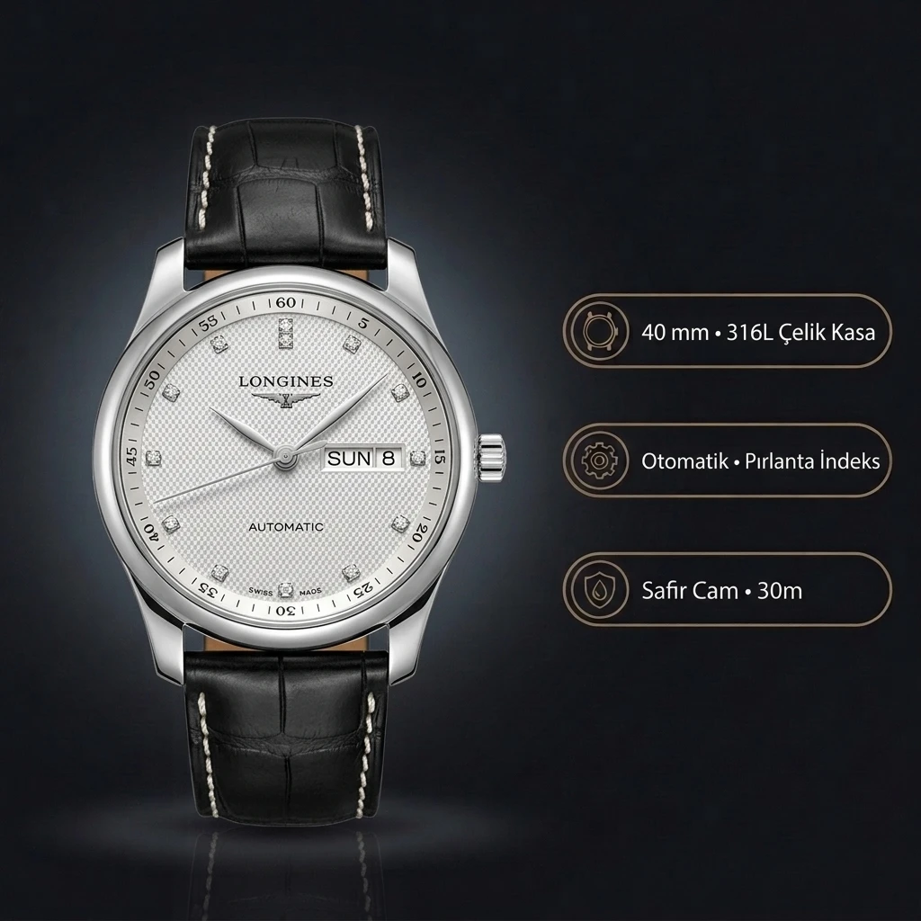 Longines Master Collection Gümüş Kadran Siyah Deri Kordon Super Clone ETA Saat