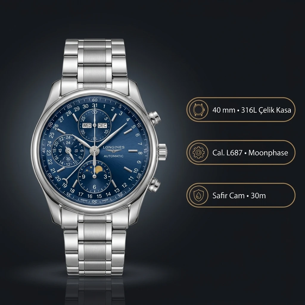 Longines Master Collection Mavi Kadran Moonphase Chronograph Çelik Kordon Super Clone ETA Saat