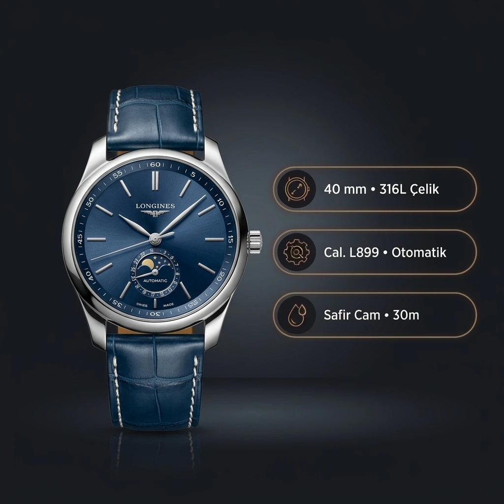 Longines Master Collection Mavi Moonphase Deri Super Clone ETA Saat