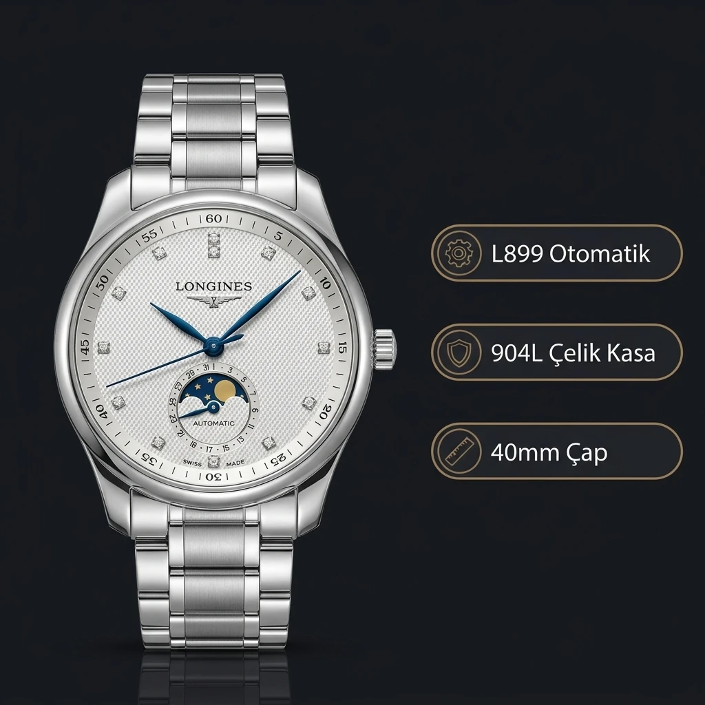 Longines Master Collection Moonphase Beyaz Kadran Çelik 40mm Super Clone ETA Saat