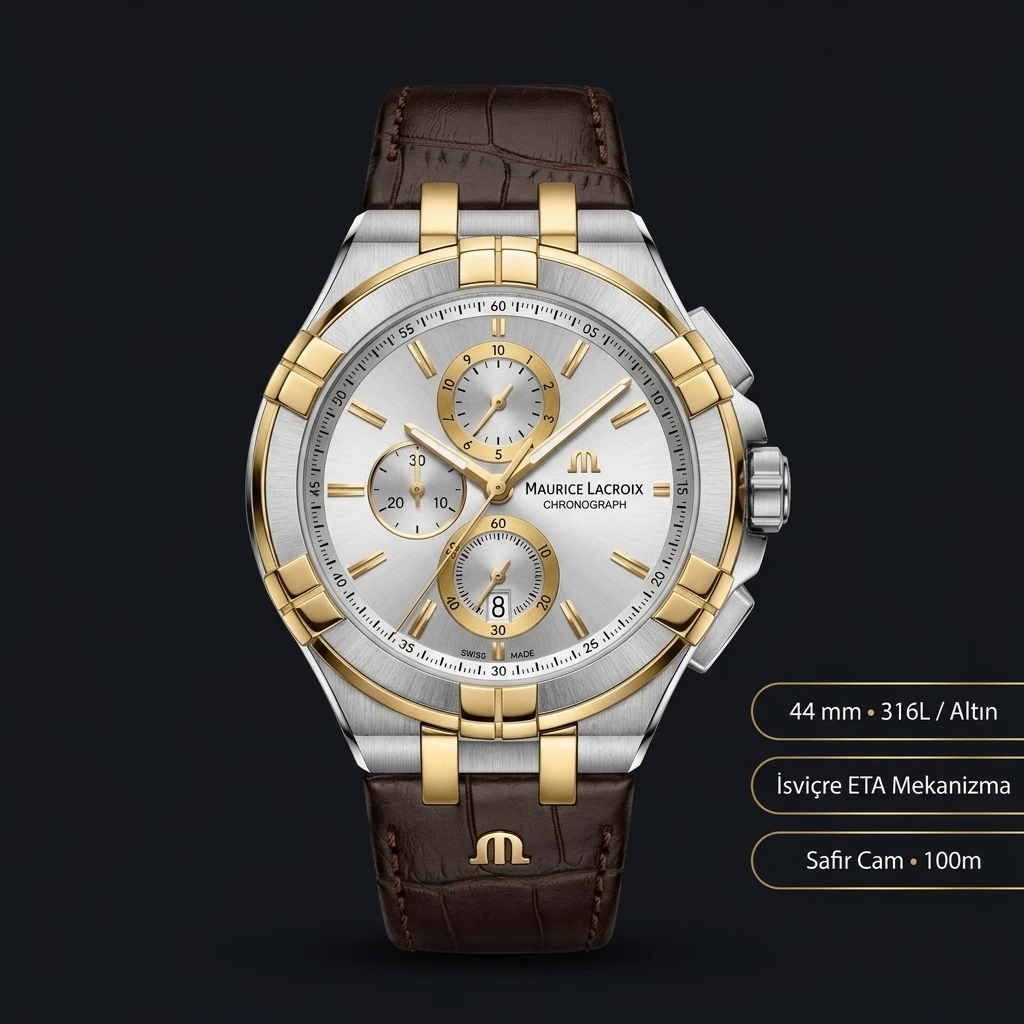 Maurice Lacroix Aikon Gümüş Altın Chronograph Deri Super Clone ETA Saat