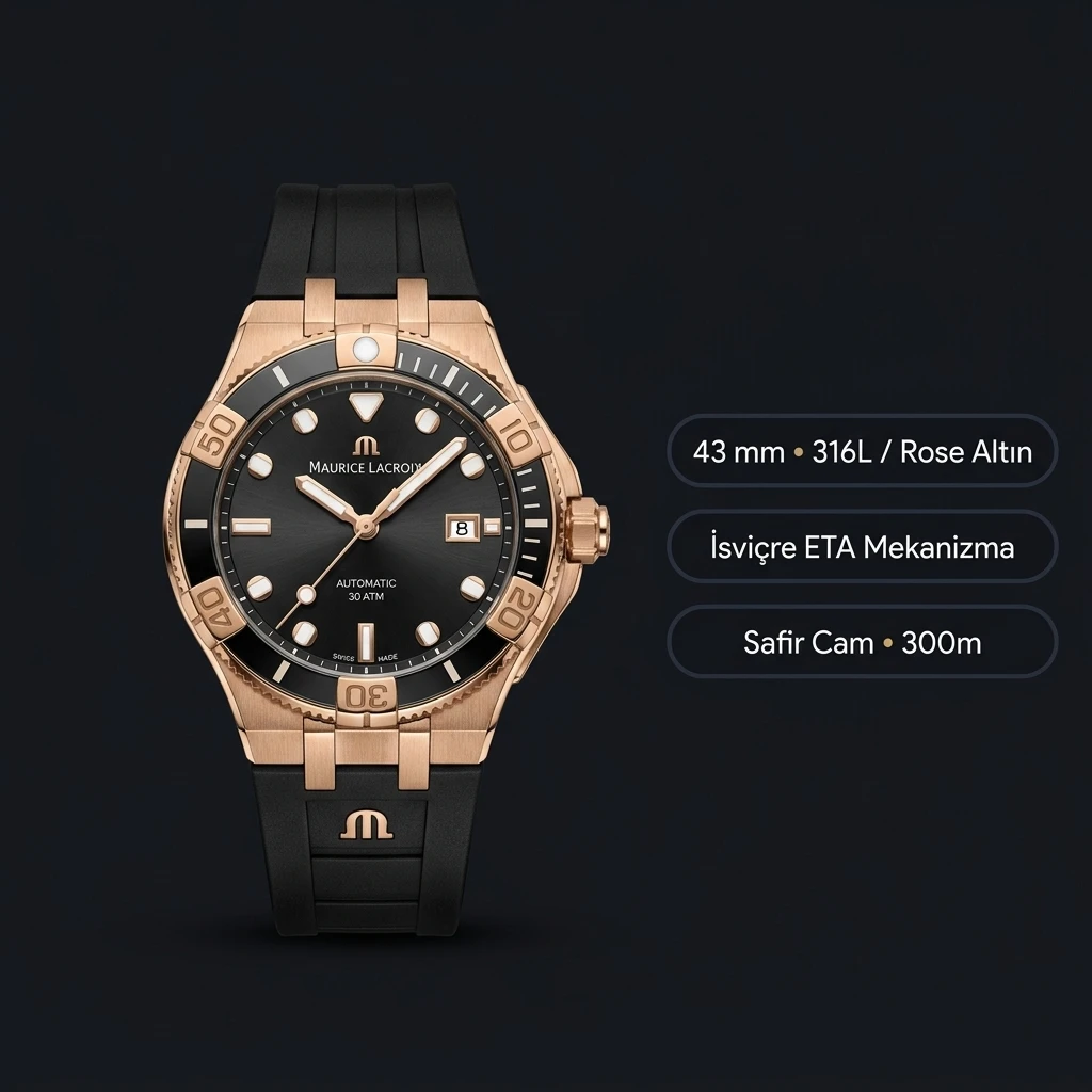 Maurice Lacroix Aikon Venturer Rose Siyah Otomatik Kauçuk Kordon Super Clone ETA Saat
