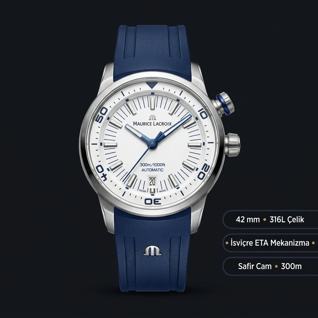 Maurice Lacroix Pontos S Beyaz Mavi Otomatik Kauçuk Kordon Super Clone ETA Saat