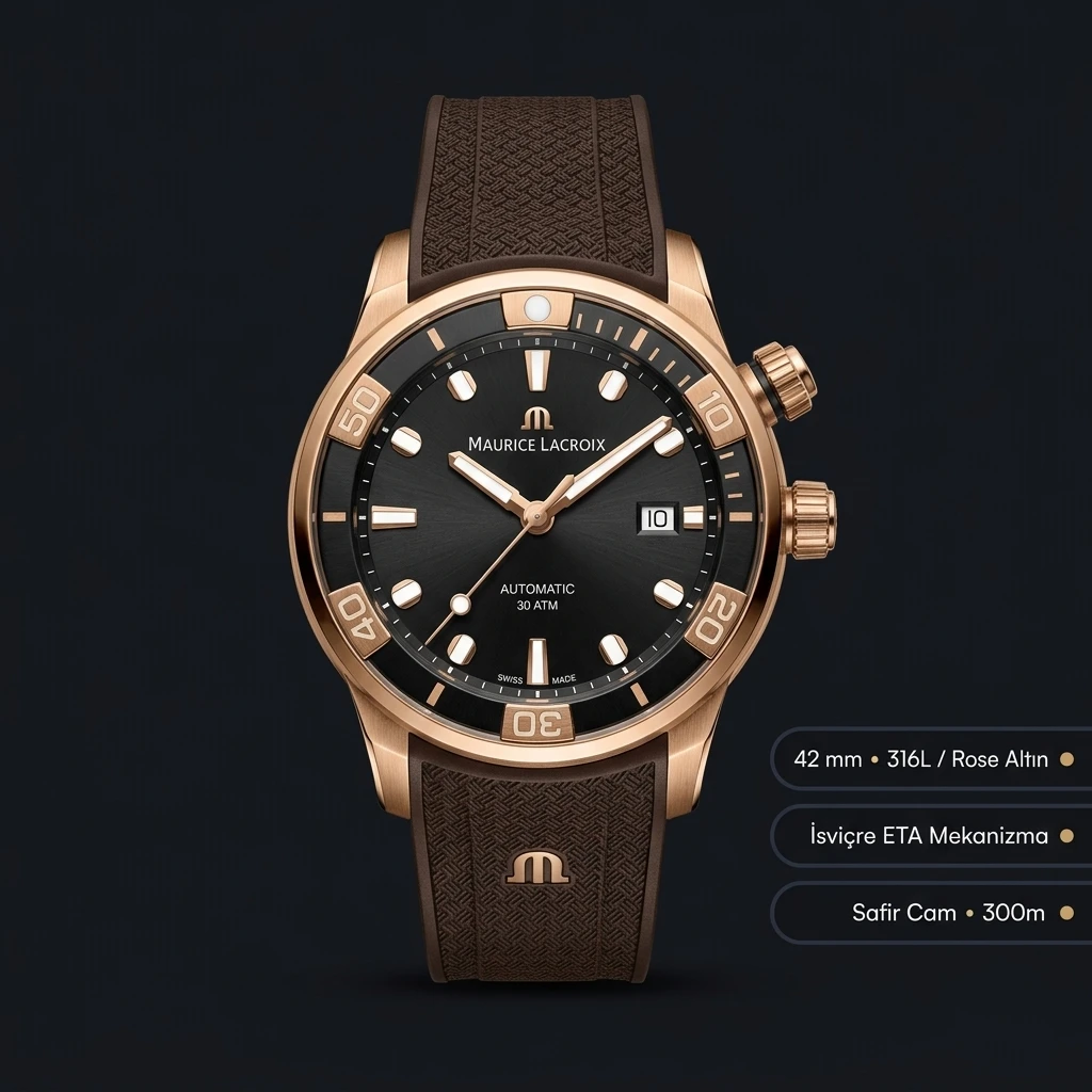 Maurice Lacroix Pontos S Rose Siyah Kahve Otomatik Kauçuk Kordon Super Clone ETA Saat
