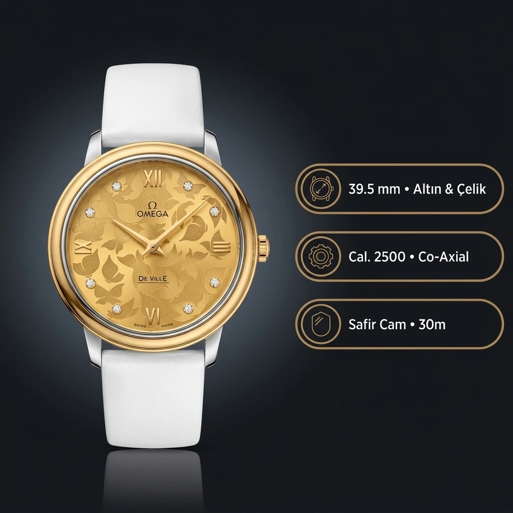Omega 39.5 mm 424.10.40 De Ville Şampanya Kadran Altın Kasa Beyaz Deri Kordon Super Clone ETA Saat