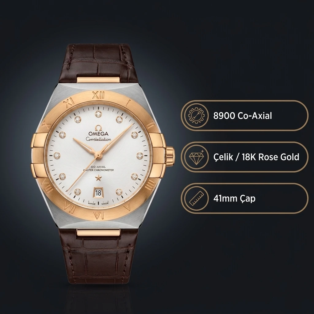 Omega 41 mm 131.20.41 Constellation Beyaz Baget Kadran Rose Çelik Kasa Kahverengi Deri Super Clone ETA Saat