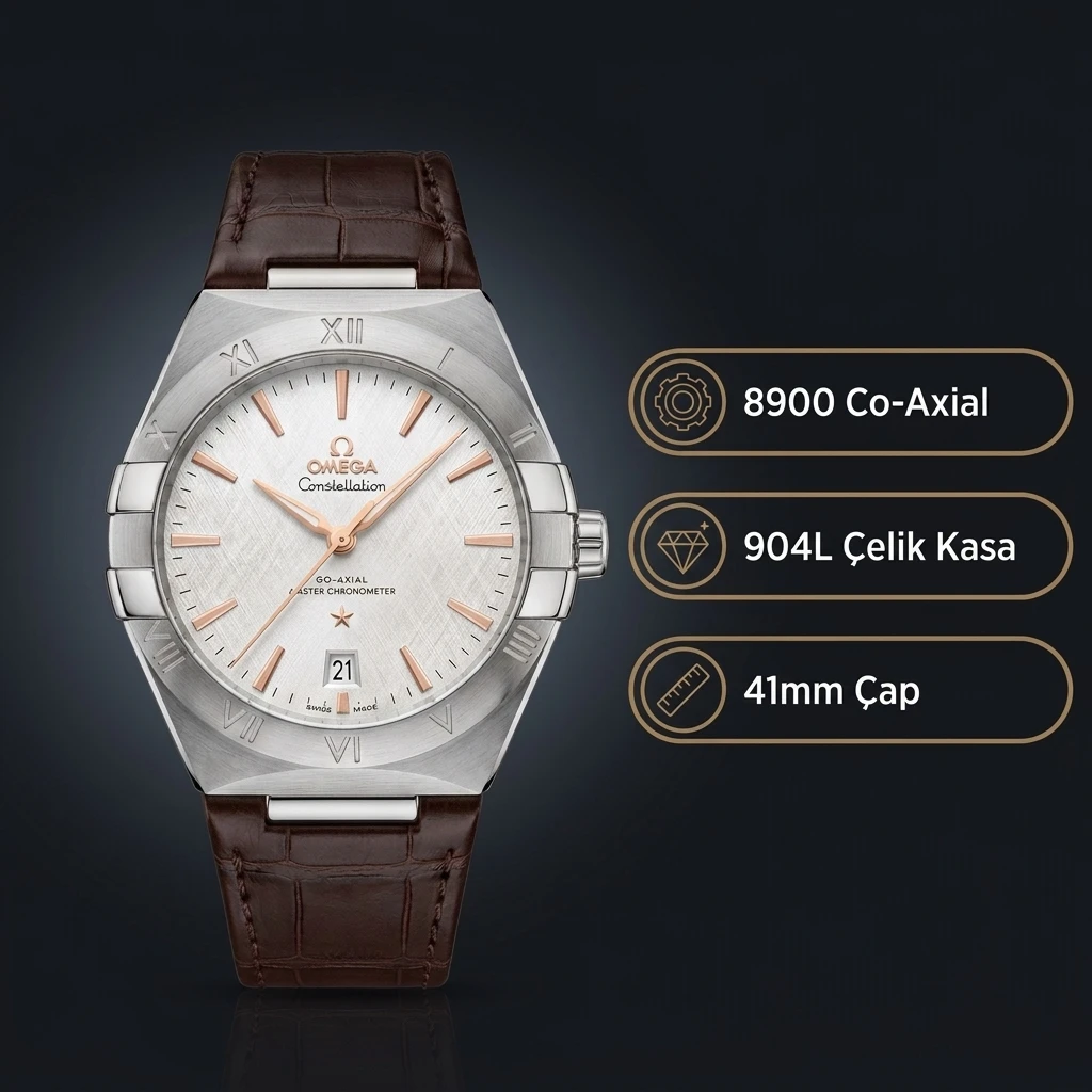 Omega 41 mm 131.20.41 Constellation Beyaz Kadran Çelik Kasa Kahverengi Deri Super Clone ETA Saat
