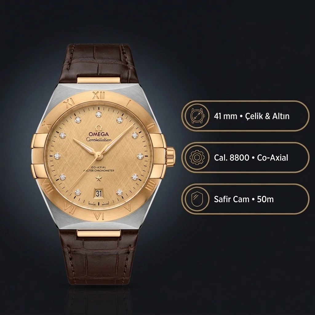 Omega 41 mm 131.20.41 Constellation Şampanya Baget Kadran Altın Çelik Kasa Kahverengi Deri Super Clone ETA Saat